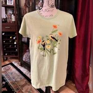 Top Stitch by Morning Sun Embroidered Birds & Painted Flowers T-Shirt